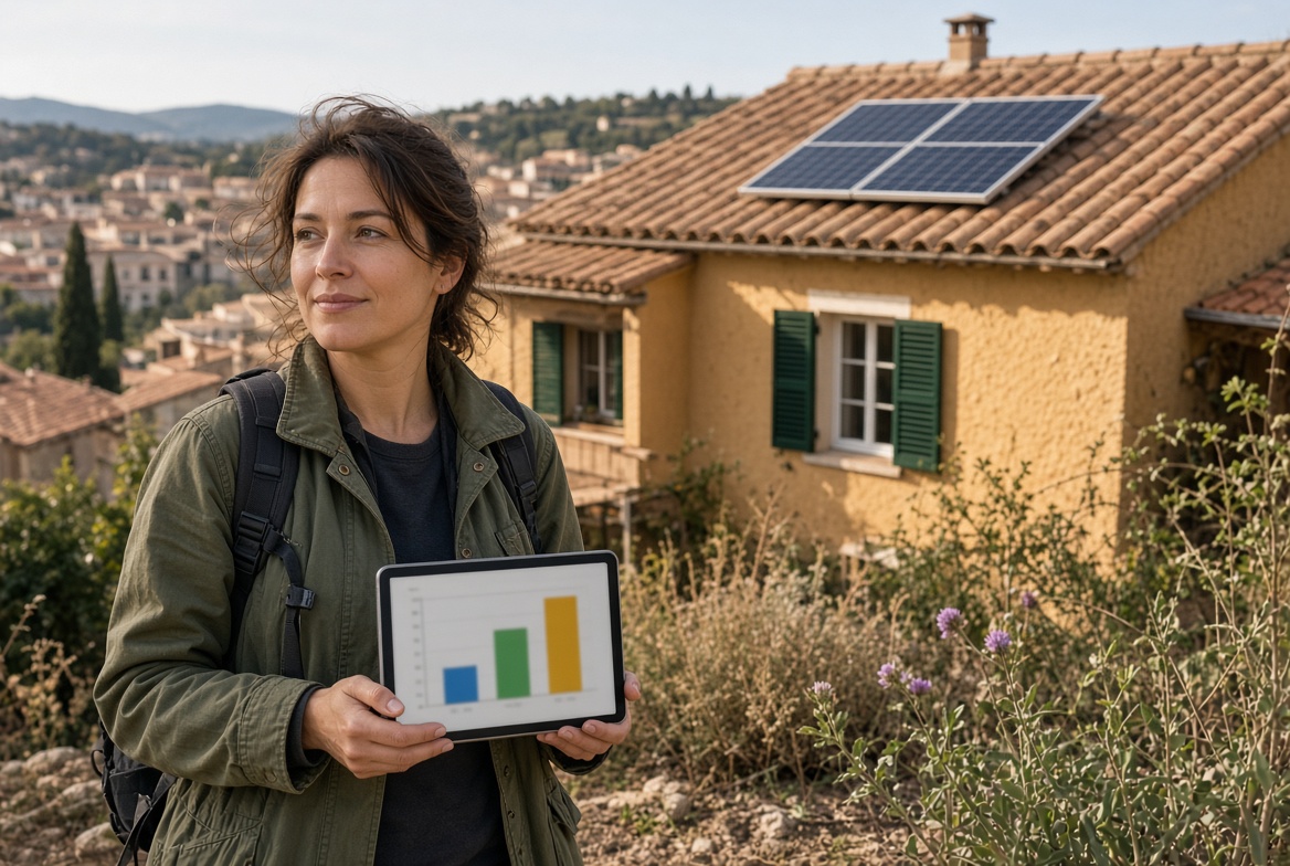 Técnica consultando una estimación de ahorro frente a una vivienda con placas solares en Catalunya