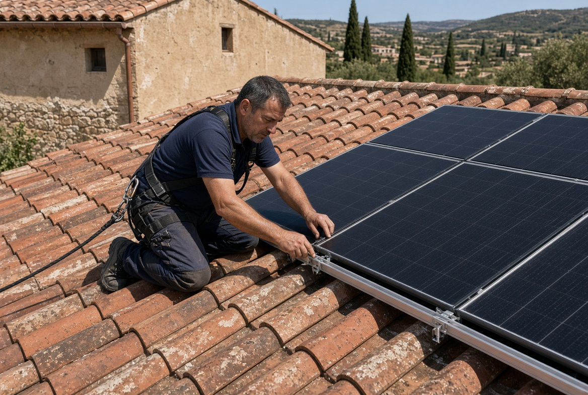 Técnicos instalando módulos fotovoltaicos sobre teja árabe en una vivienda unifamiliar de Catalunya, con línea de vida y estructura de aluminio visible