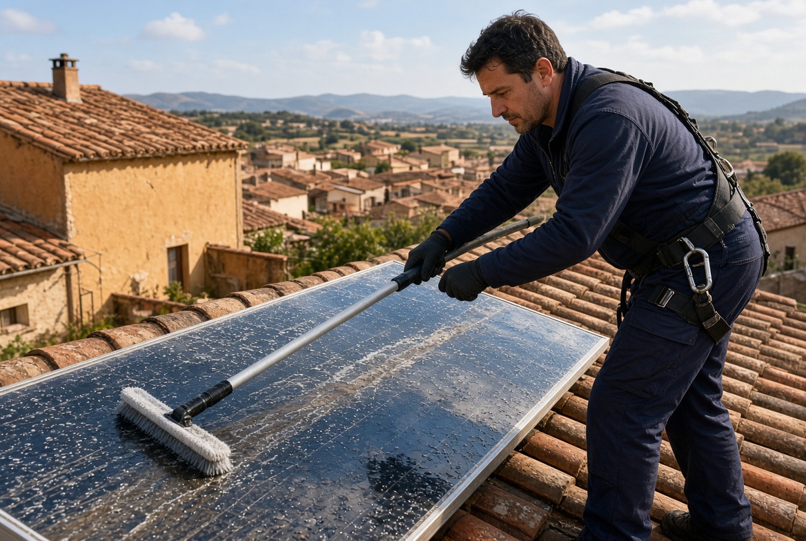 Técnico de mantenimiento limpiando una placa solar con cepillo telescópico en una teulada de teja árabe en Catalunya